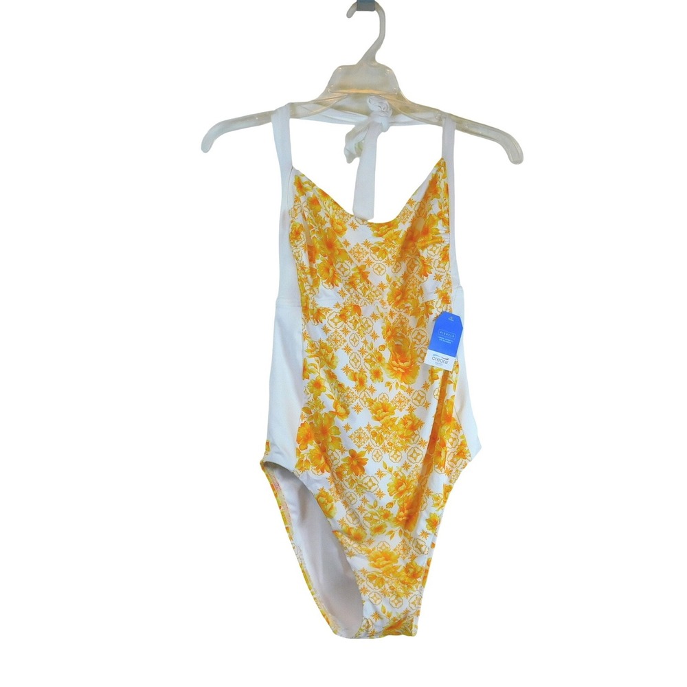 Lands End Womens Yellow Floral Halter One Piece‎ Swimsuit Size 14 New With Tags
